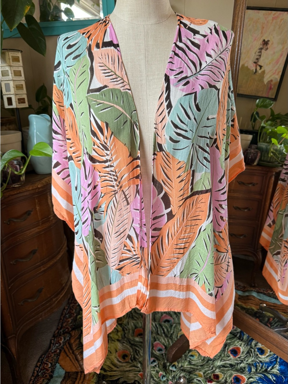 Bella by Becker Tropical Leaf Print Lightweight Kimono Wrap in Peach and Pastels